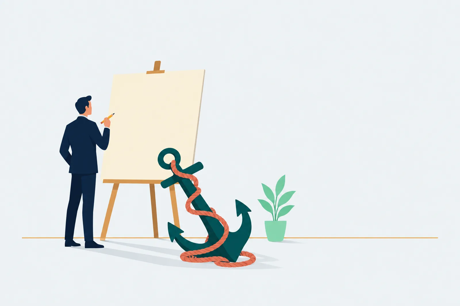 A figure in a navy suit holds a pencil before a blank easel while an oversized teal ship's anchor, wrapped in coral rope, already leans against it.