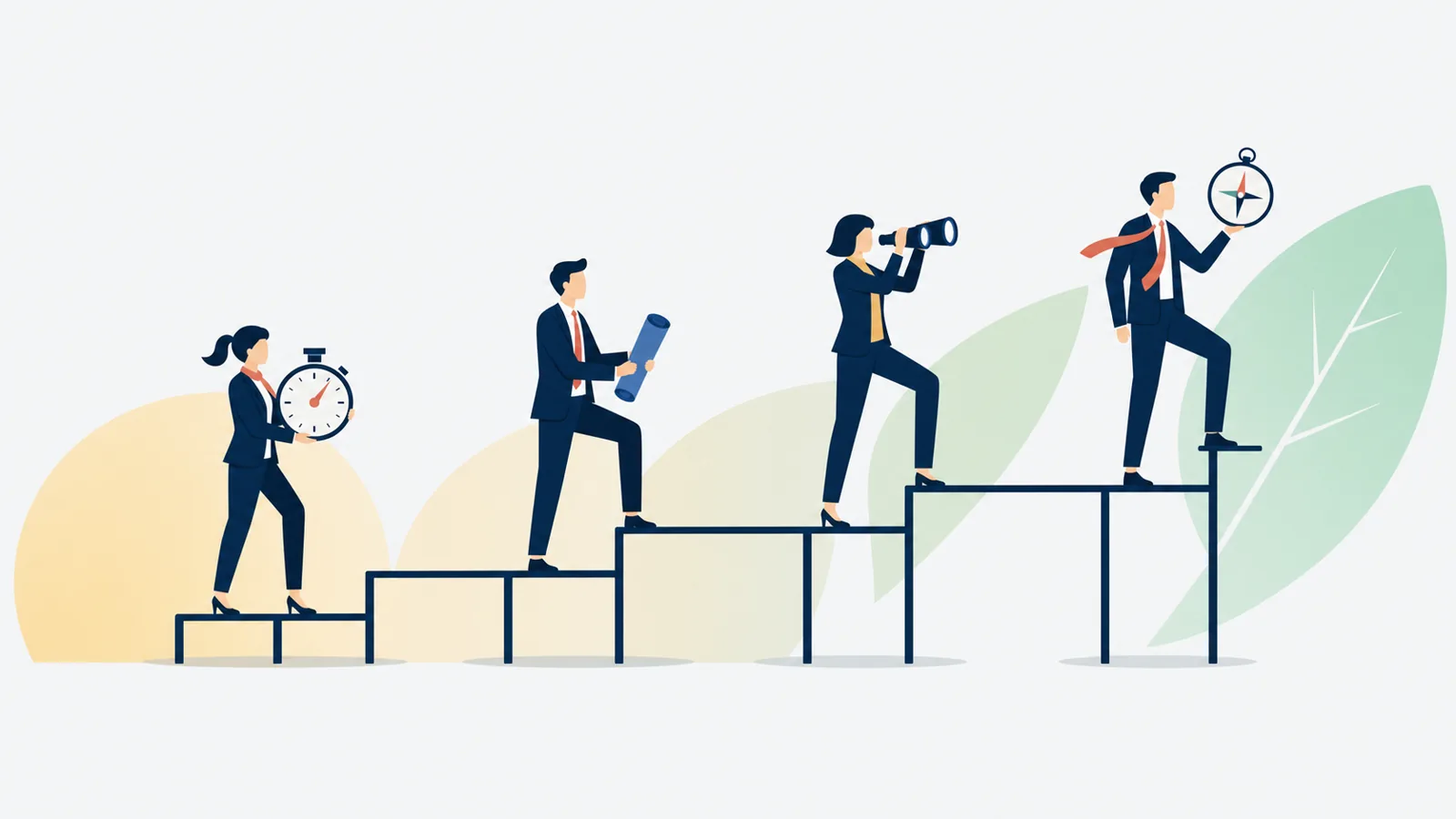 Flat editorial illustration of four small business-casual figures ascending a stepped platform, each holding a symbolic object — stopwatch, blueprint, binoculars, and compass — on a light platinum background with soft ochre and green accents.