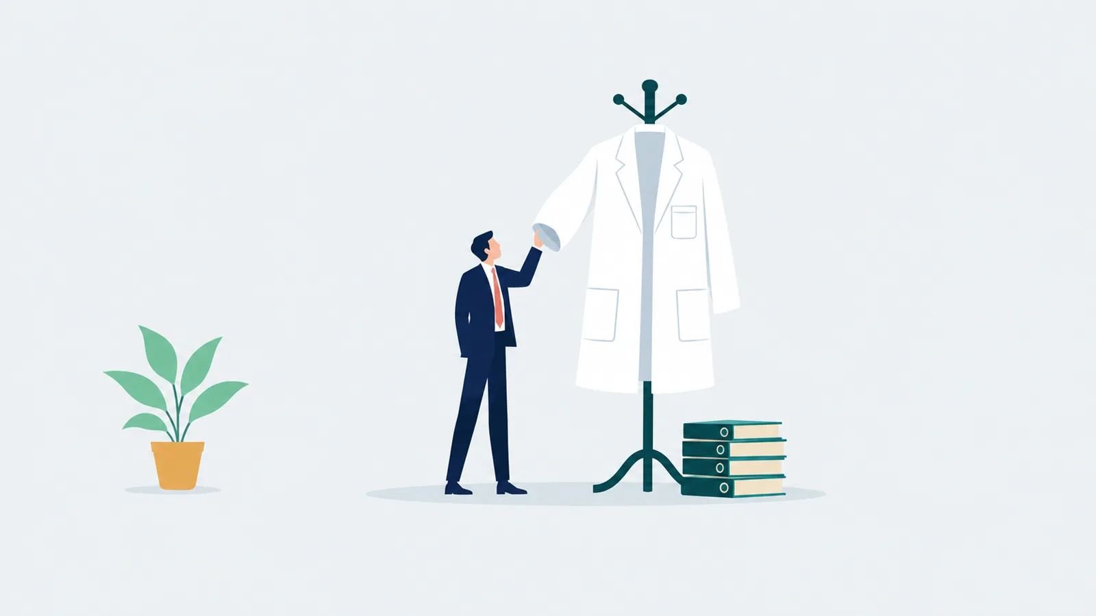A small figure in a navy suit stands beside an oversized empty white lab coat on a stand, holding its sleeve up to check for a name tag that is not there, with a small plant nearby.