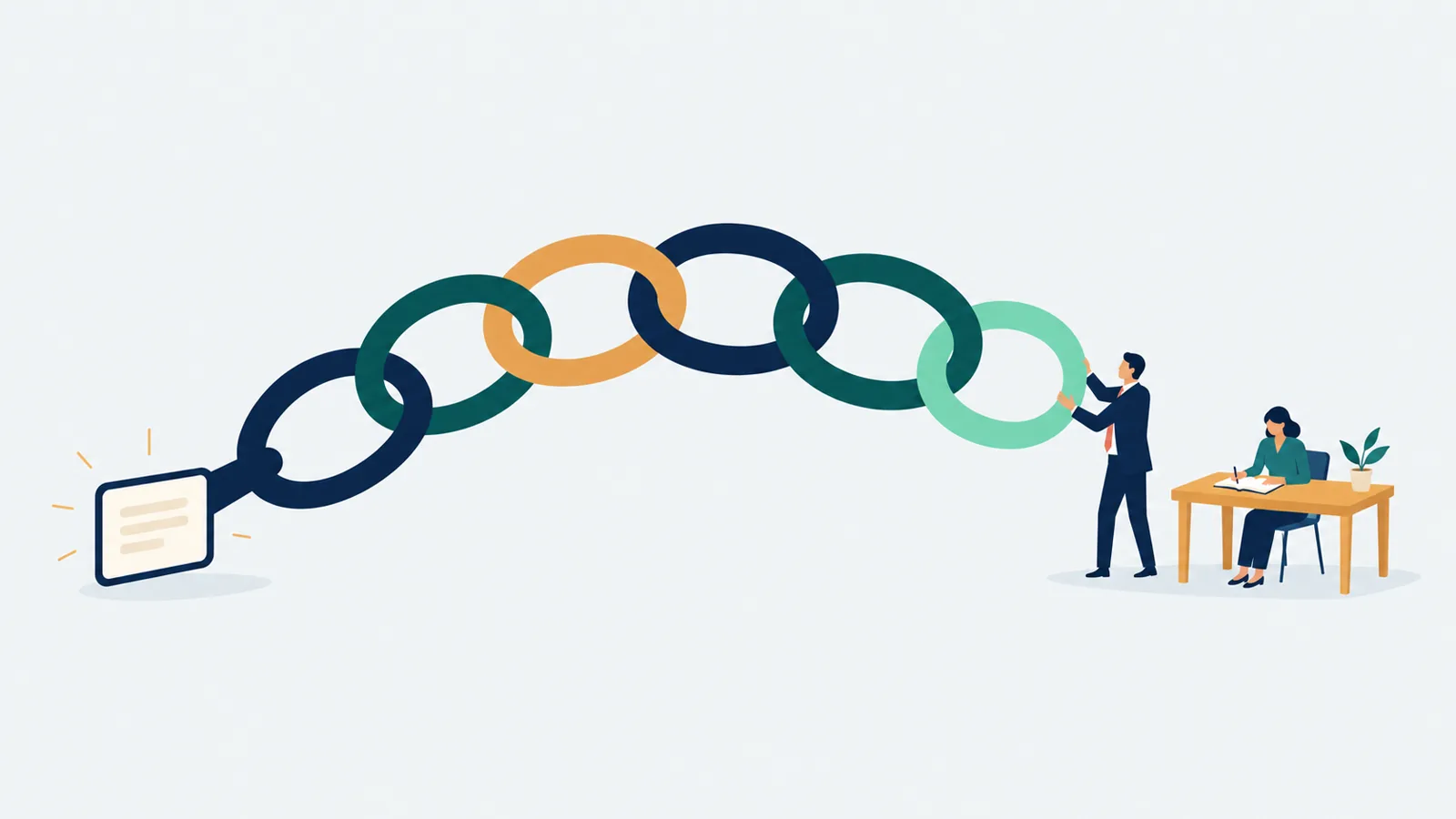 Flat editorial illustration of a small figure in a navy suit placing the last link in a chain of six connected rings that arcs from a glowing panel to a small desk with an open notebook, on a light platinum background