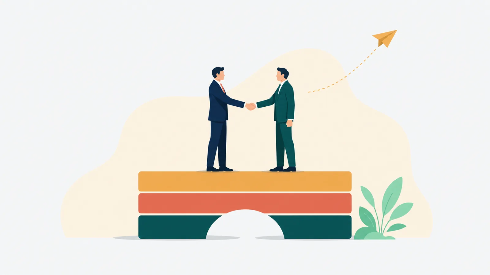 Ilustración editorial en vector plano: un ejecutivo estadounidense a la izquierda y su contraparte mexicana a la derecha estrechan la mano sobre un pequeño puente estilizado que también se lee como calendario y checklist apilados, con un avión de papel y una planta en el espacio negativo.