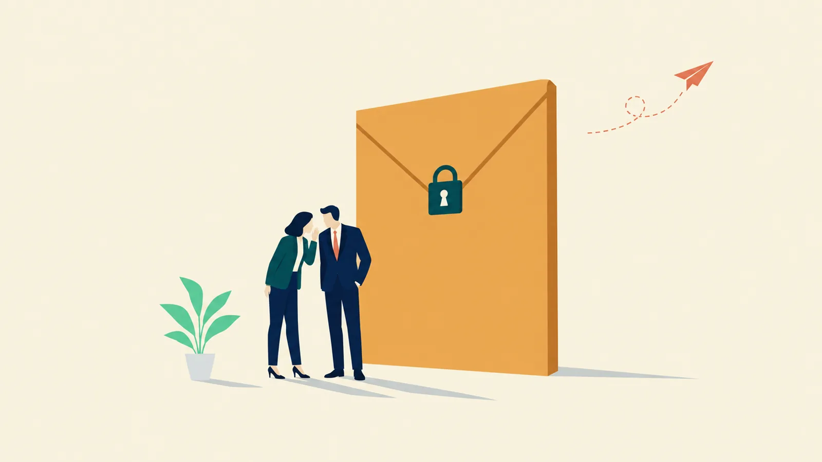 Flat-vector editorial illustration: two figures talking quietly beside an oversized sealed envelope with a small padlock, on a cream background with a plant and a paper airplane as accents.
