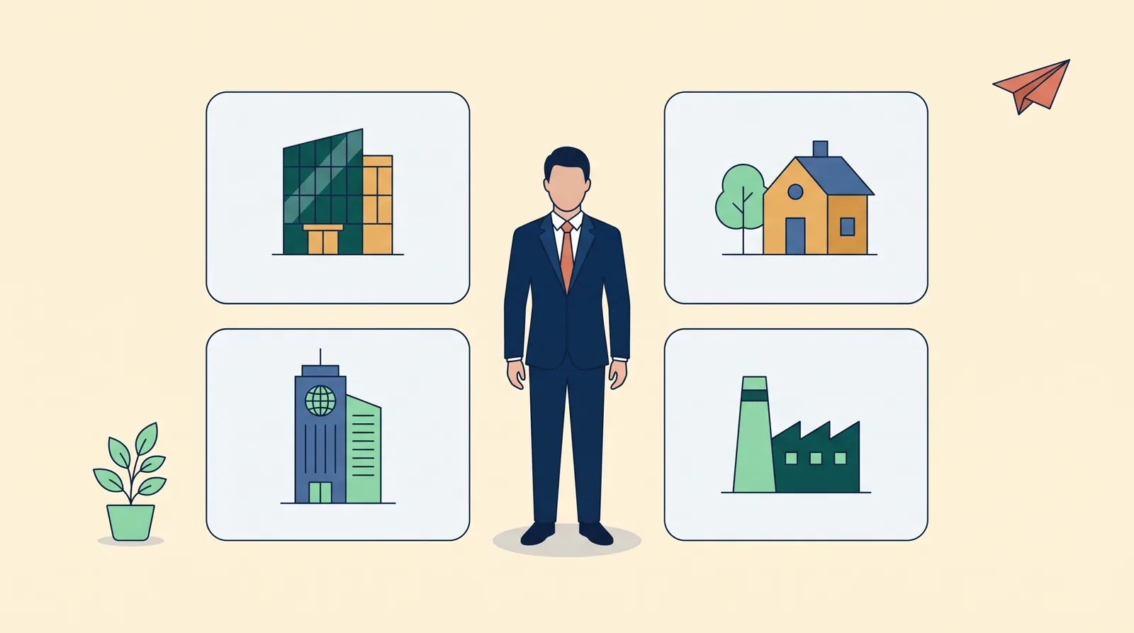 Flat-vector editorial illustration: a business figure in imperial-navy attire at the center of four surrounding scene fragments — a small corporate PE building, a family house with a tree, an international HQ tower, and a new industrial plant — on a cream background with small plant and paper-airplane accents.
