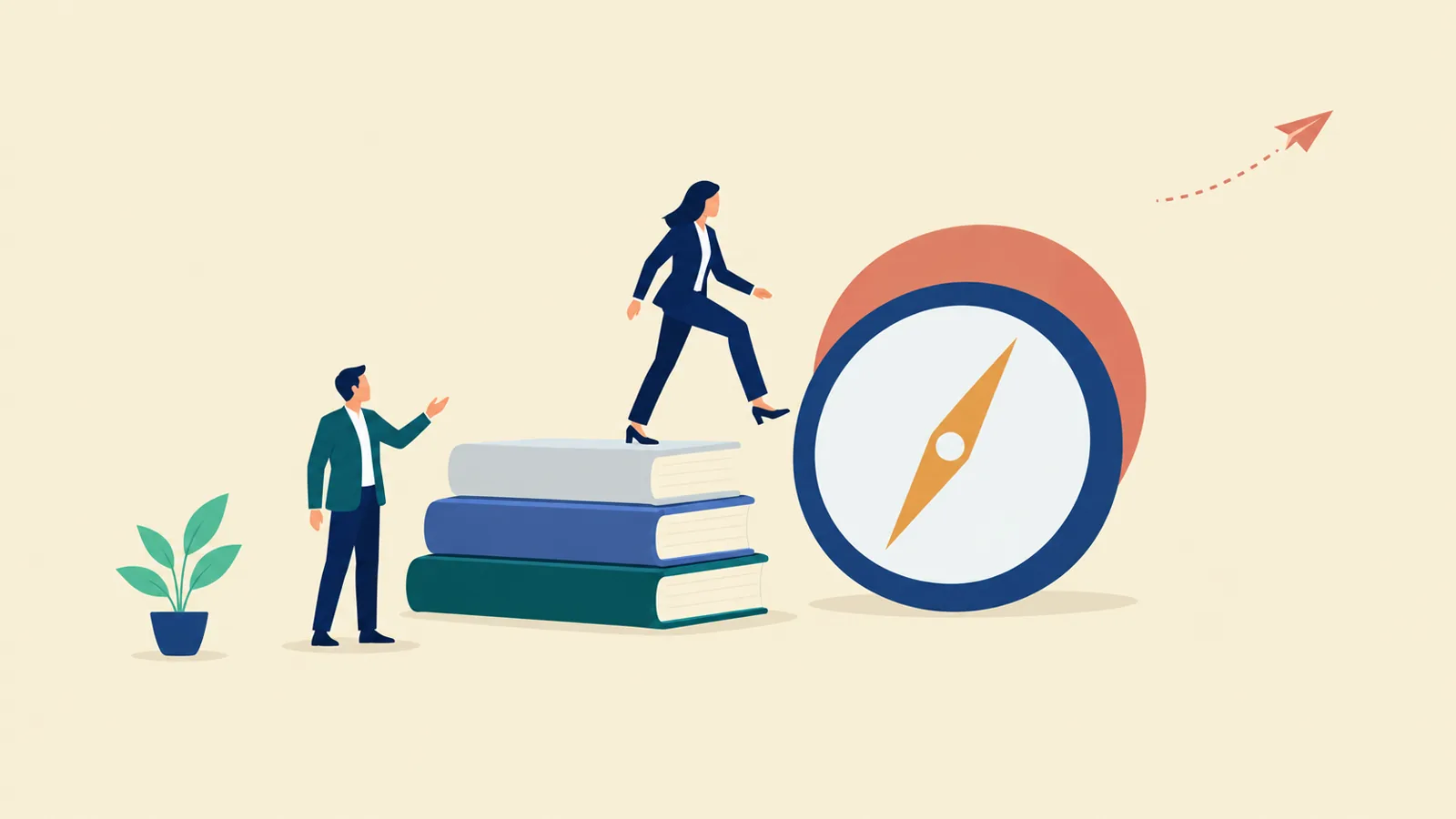 Ilustración editorial en vector plano: una figura ejecutiva sube de una pila de libros contables hacia una gran brújula, mientras otra figura observa, sobre fondo crema con una planta y un avión de papel.