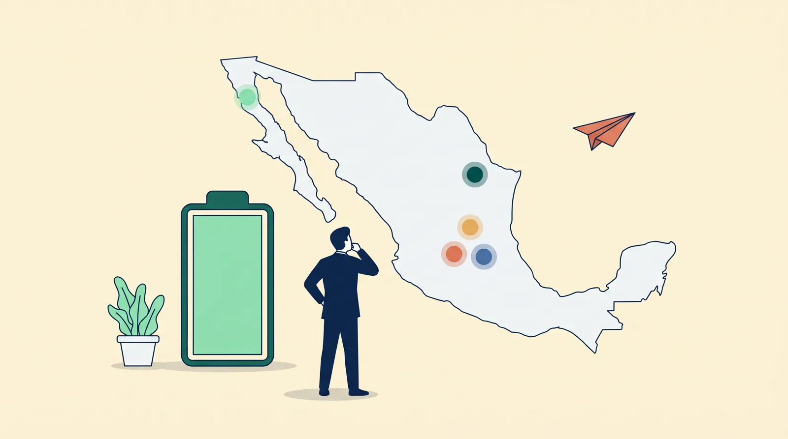 Flat-vector editorial illustration: a figure in imperial-navy business attire studies a stylized map of Mexico with five glowing corridor markers — Nuevo León, San Luis Potosí, Querétaro, Baja California, and Guanajuato — with a stylized entrepreneur-green battery icon and a muted-coral paper airplane in the negative space.