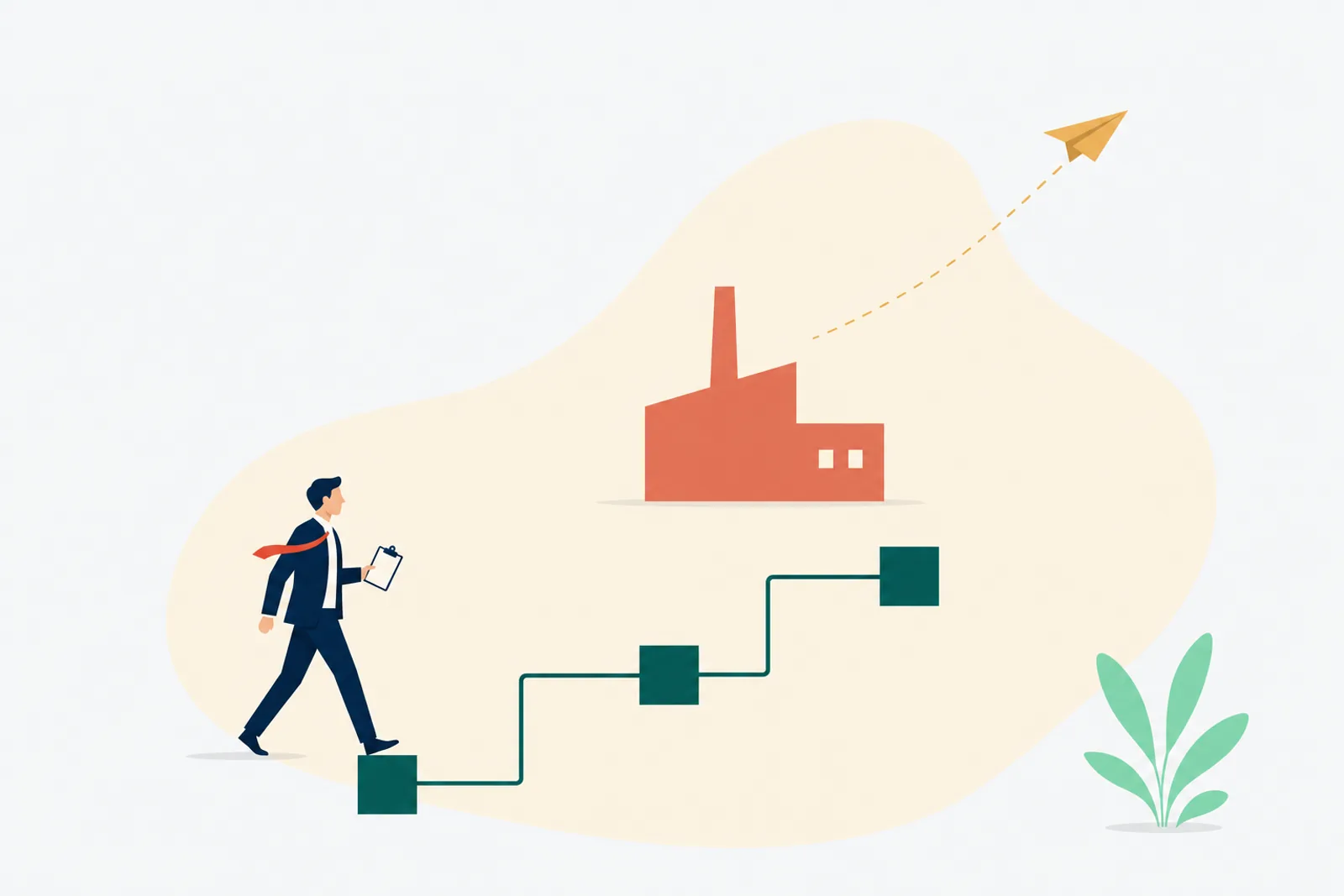 Flat vector editorial illustration of a plant leader on a stepped path across three annual review checkpoints, with a small factory silhouette and paper airplane in the distance.
