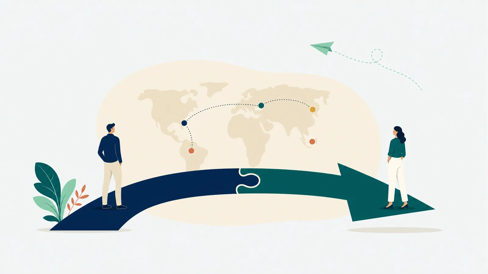 Flat vector editorial illustration: two figures at either end of a curving supply-chain arrow across a soft map, evoking cross-border executive search along Mexico nearshoring corridors.