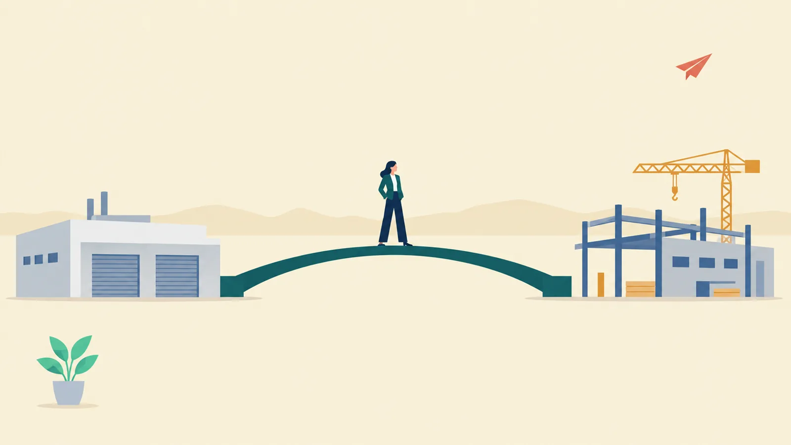 Flat-vector editorial illustration: an executive figure standing on a bridge that connects an idle industrial building with one under construction, on a cream background with a plant and a paper airplane as accents.