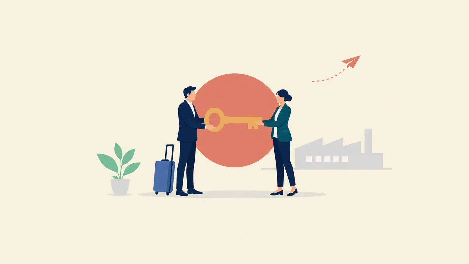 Flat-vector editorial illustration: two executive figures, one with a travel suitcase and one local, handing over an oversized key on a cream background, with a plant and a paper airplane as accents.