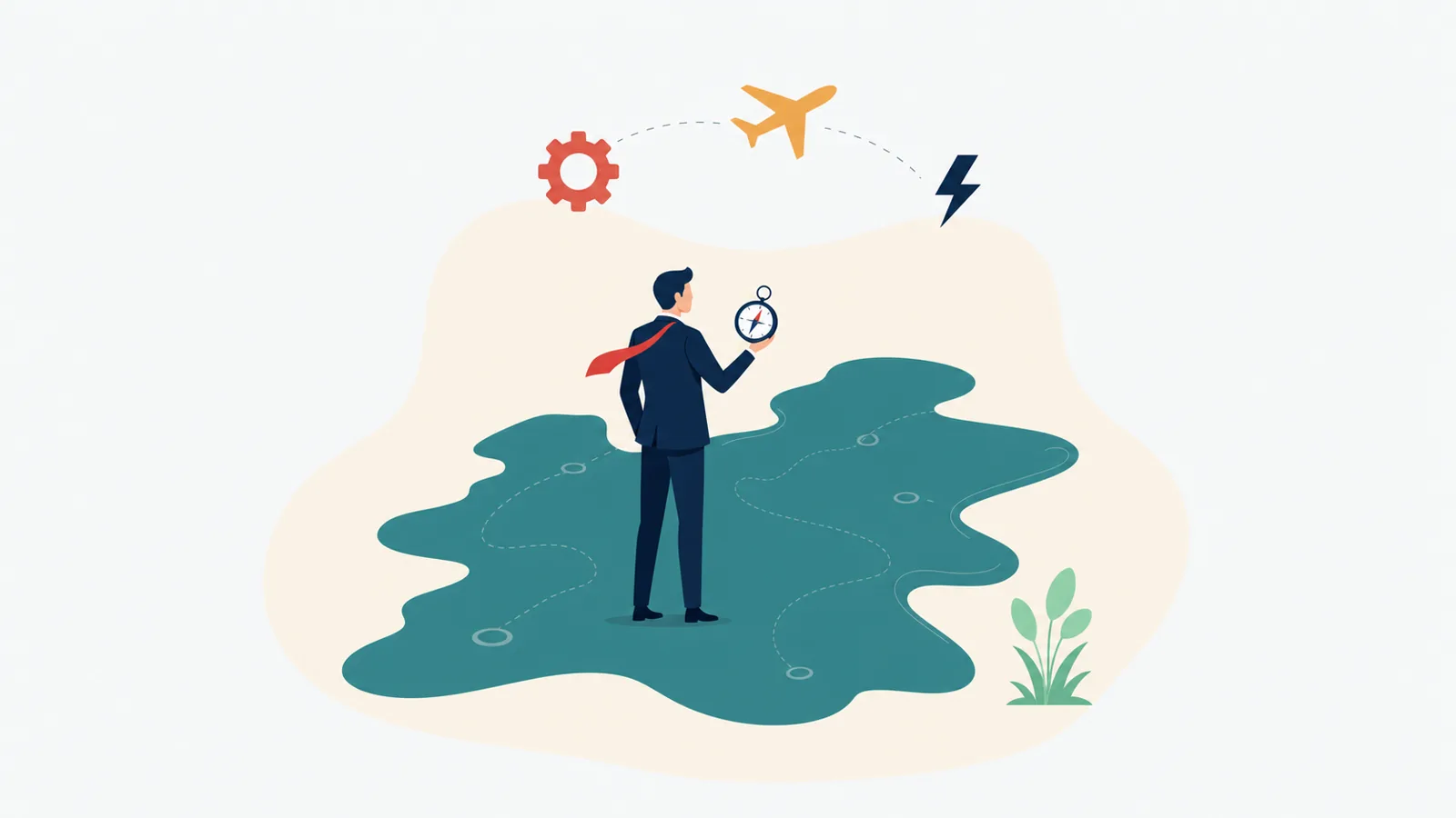 Ilustración editorial de una figura ejecutiva sobre un mapa estilizado del corredor Bajío, con nodos que representan plantas automotrices, aeroespaciales y eléctricas.