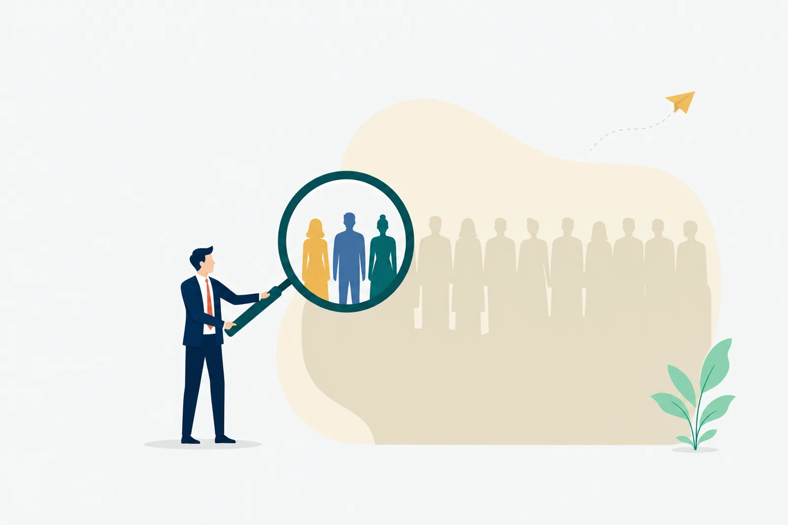 Flat vector editorial illustration: a single figure holds a large magnifying glass that reveals three candidate silhouettes hidden behind a market silhouette, with a small checklist and plant in the negative space.