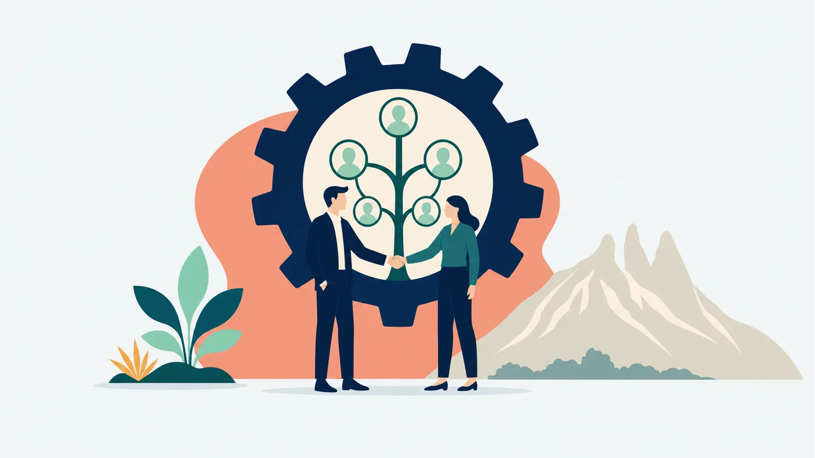 Ilustración editorial en vector plano: dos figuras estrechan la mano frente a un engrane industrial y un árbol genealógico, con el Cerro de la Silla al fondo, símbolo de manufactura y empresa familiar en Monterrey.