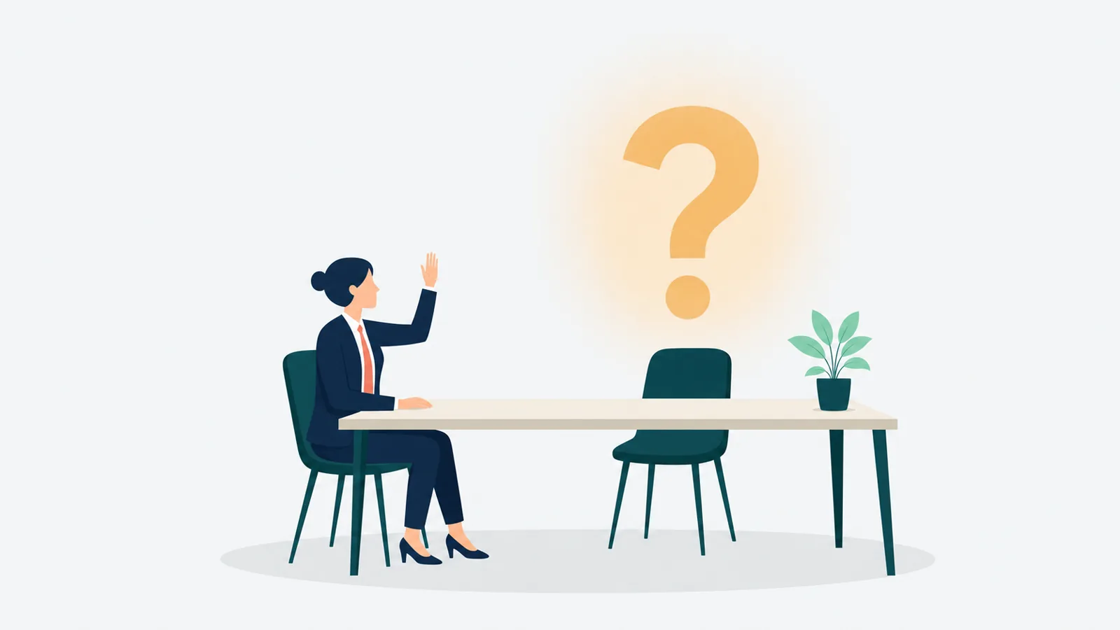 A leader seated at a conference table raises her hand mid-question, an empty chair opposite her, a soft glowing question mark hovering above the table.