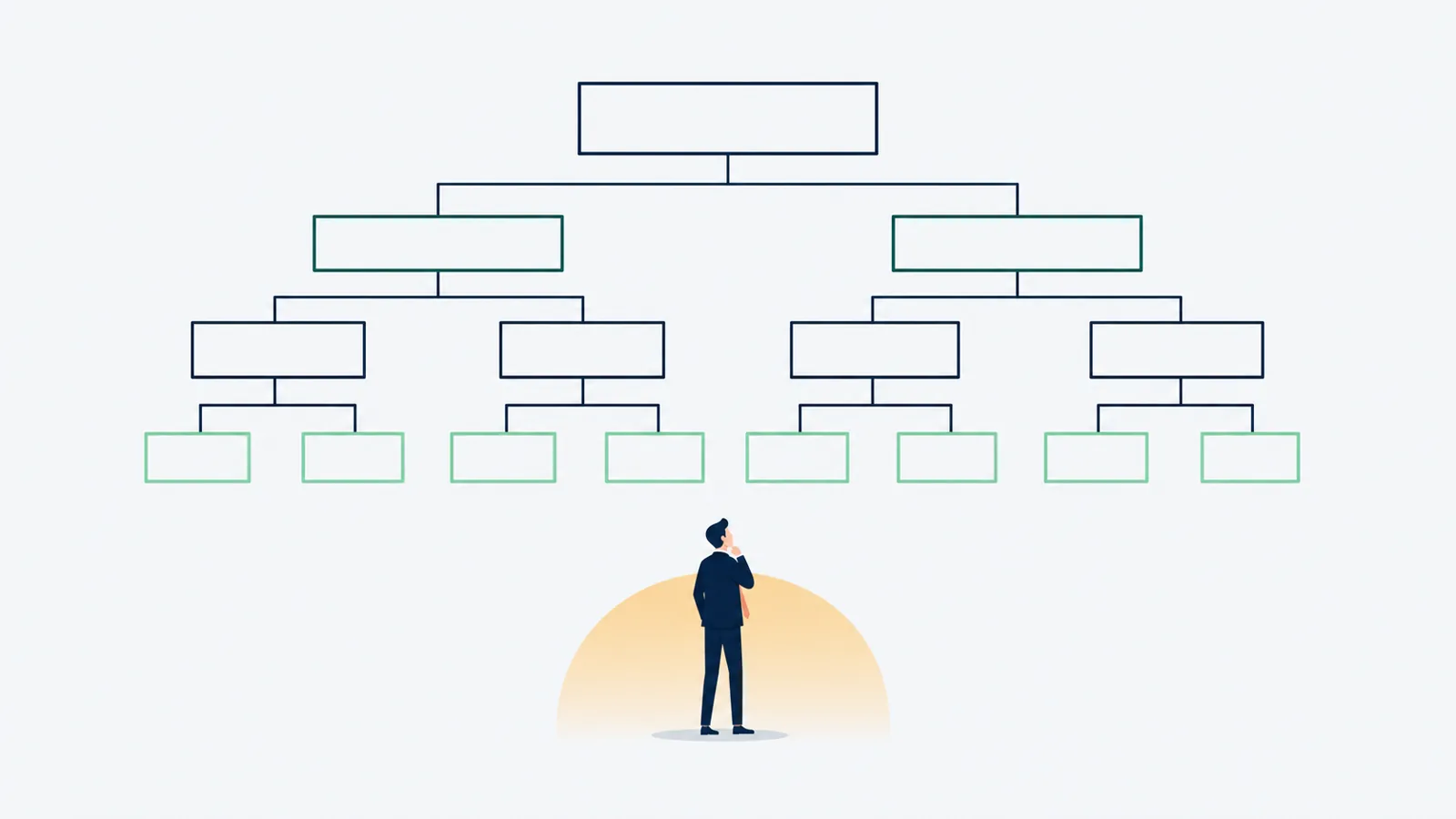 Editorial illustration of a large org-chart diagram with named agent boxes glowing green, and a small figure standing in the empty gap between two branches, symbolizing missing ownership.