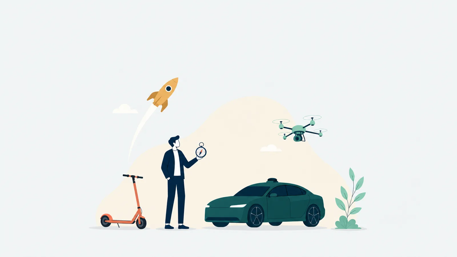 Editorial illustration of a small figure standing among symbolic mobility objects — a scooter, an autonomous car, a drone, and a rocket — arranged around a central compass, on a light platinum background.