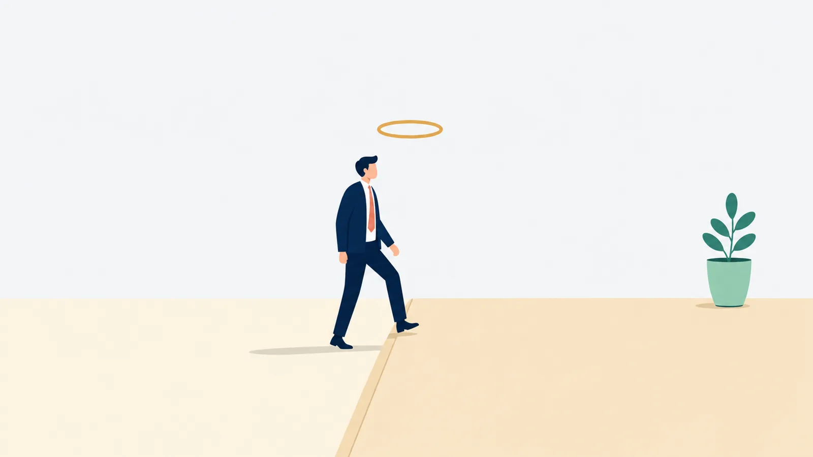 A small figure in a navy suit stepping across a low threshold on a light floor, with an ochre halo marking the moment of crossing.