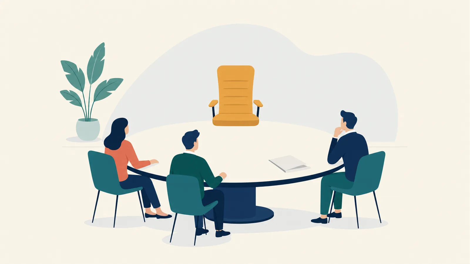 Ilustración editorial en vector plano: tres figuras sentadas alrededor de una mesa redonda de consejo con una silla vacía a la cabeza, esperando a un nuevo CEO.