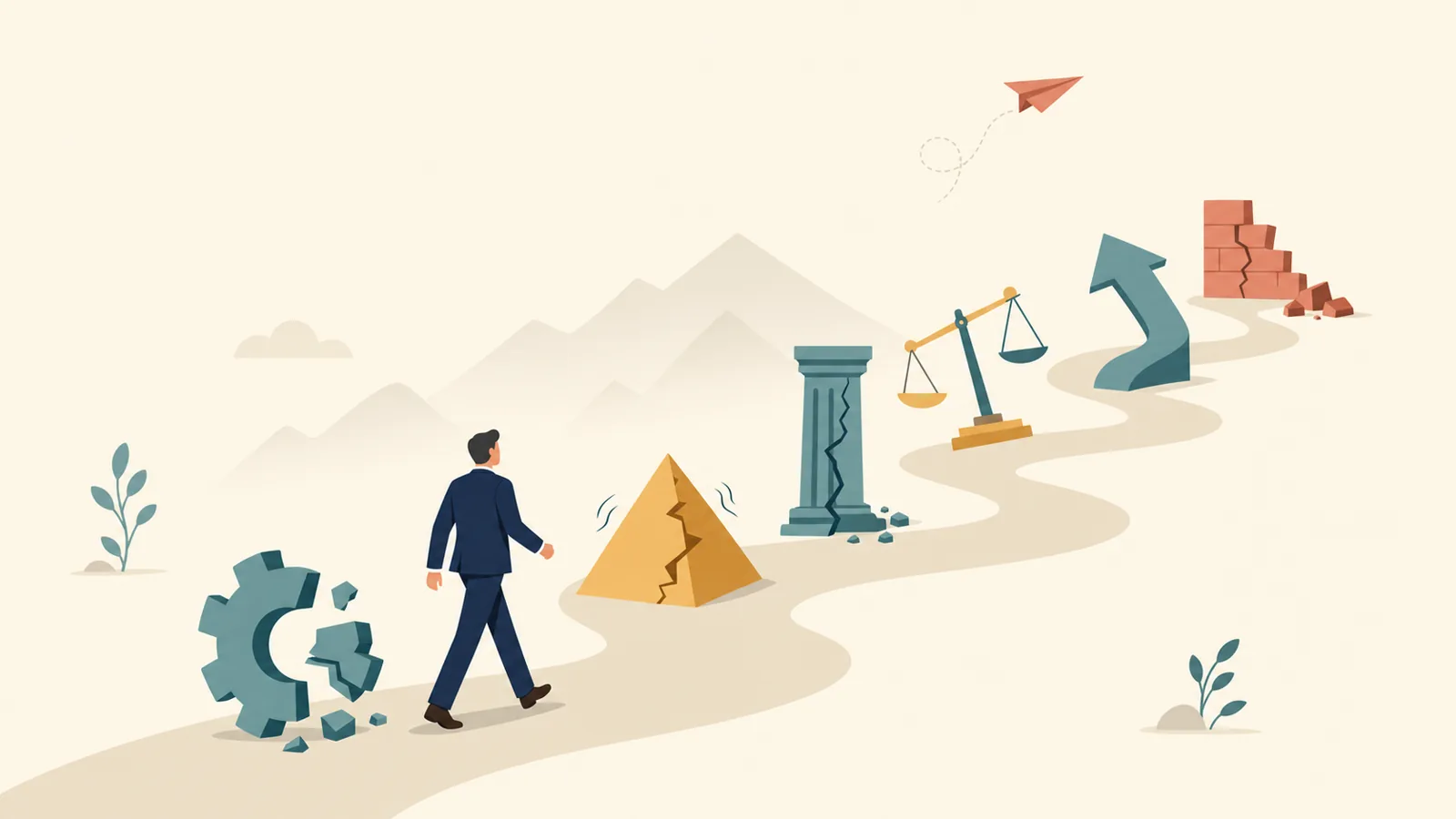 Ilustración editorial de un directivo evitando trampas en un camino con seis obstáculos numerados que representan errores de contratación.