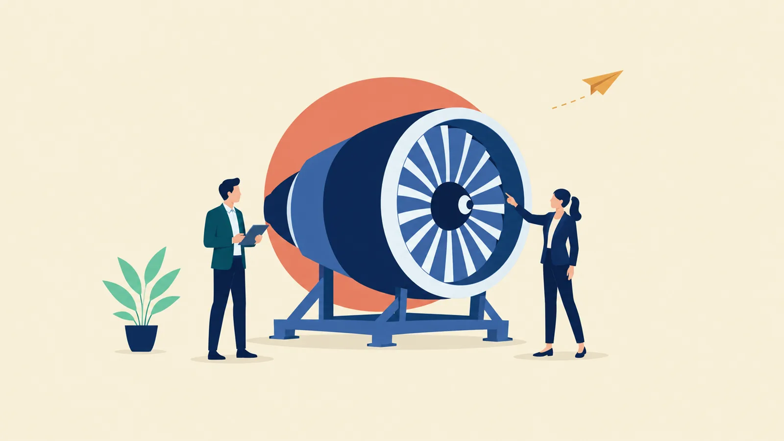 Ilustración editorial en vector plano: dos figuras ejecutivas revisan una turbina de avión de gran tamaño sobre fondo crema, con un avión de papel y una planta como acentos.