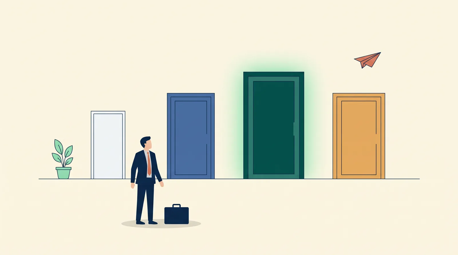 Ilustración editorial en vector plano: cuatro puertas alineadas en fila con una figura de comprador frente a ellas, cada puerta con un tamaño y color distinto — la más grande representa la búsqueda retenida, la más pequeña el reclutamiento interno, con una pequeña planta y un avión de papel en el espacio negativo.