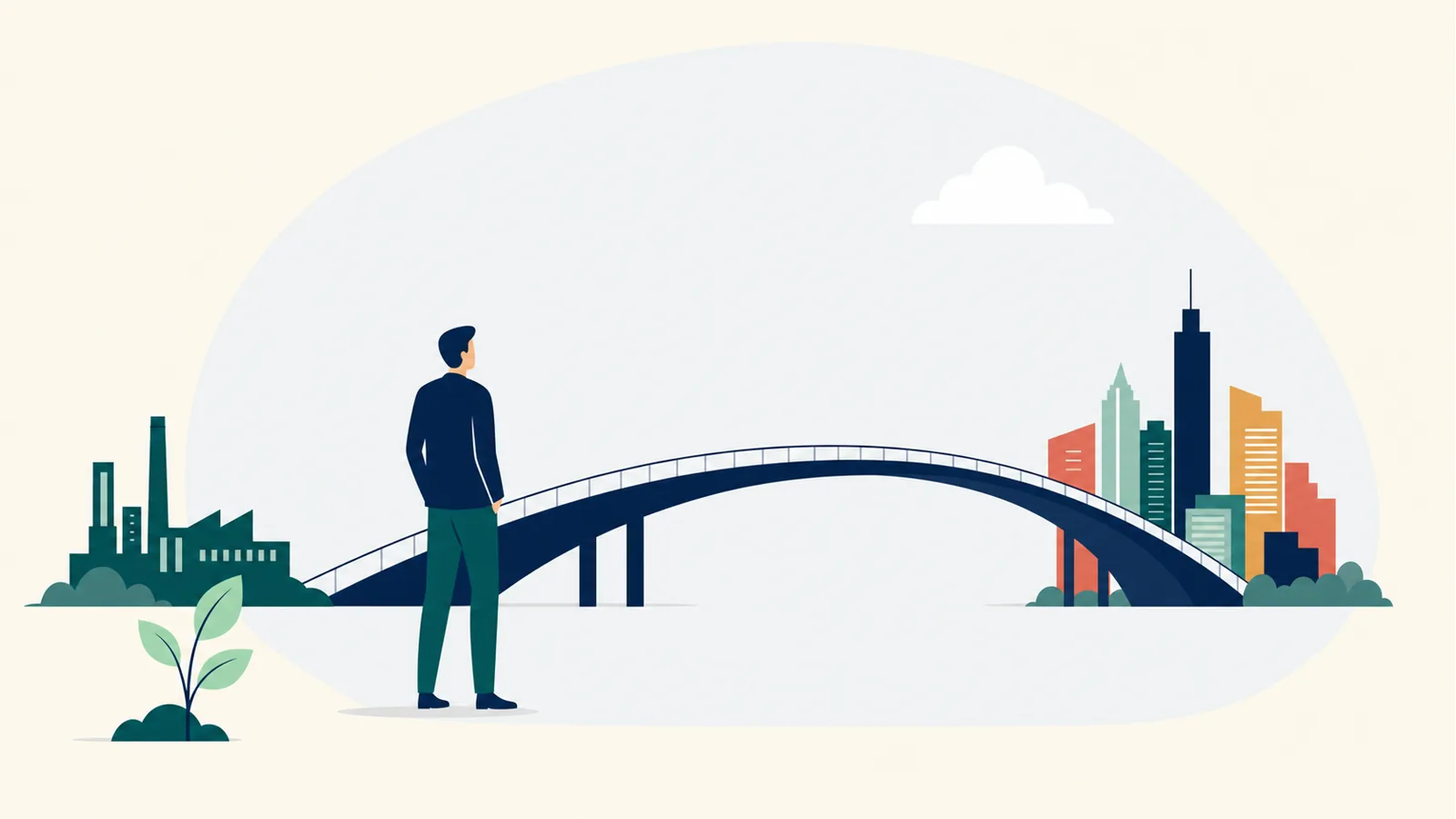 Ilustración editorial en vector plano: una figura frente a un puente que conecta una silueta industrial con un skyline urbano, evocando cómo los corredores de nearshoring reconfiguran el reclutamiento ejecutivo en México.
