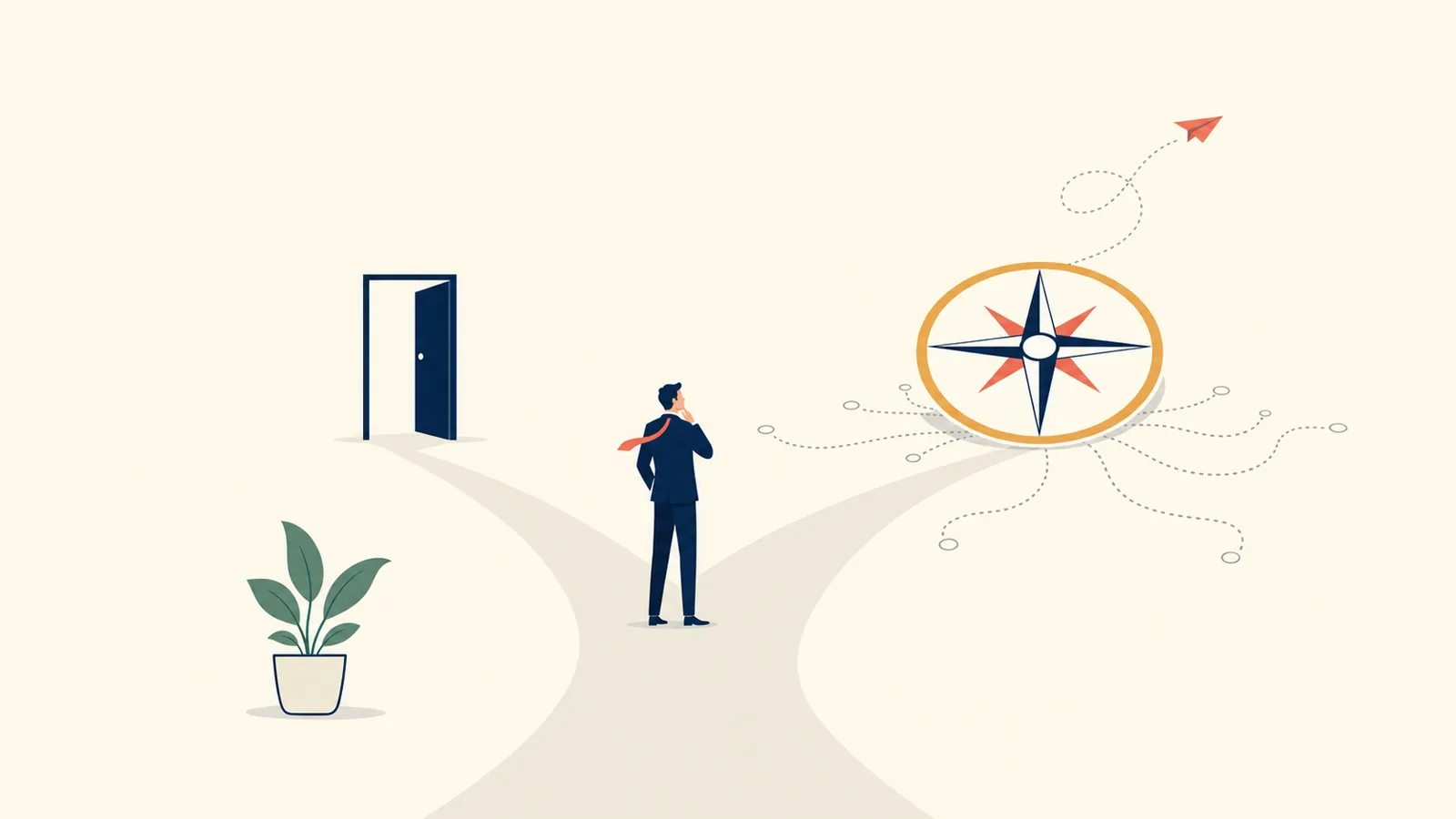 Ilustración editorial de un consejo directivo evaluando dos caminos de contratación de un directivo en México
