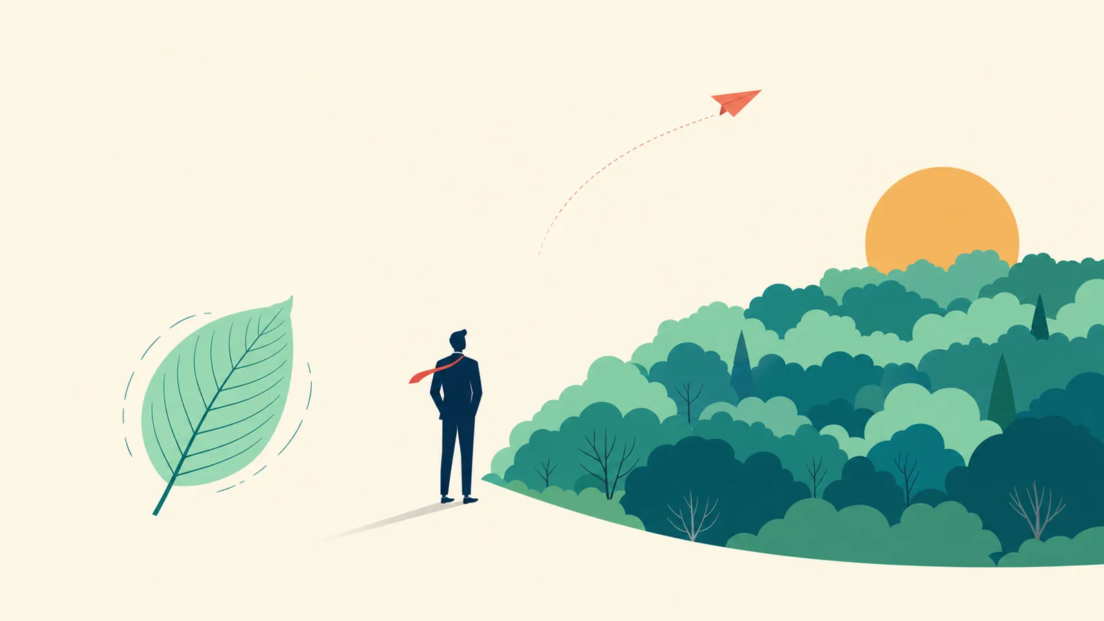 Editorial illustration of a board member standing at the edge of a forest, moving between a canopy view and a single leaf, symbolizing sentinel proximity in governance.