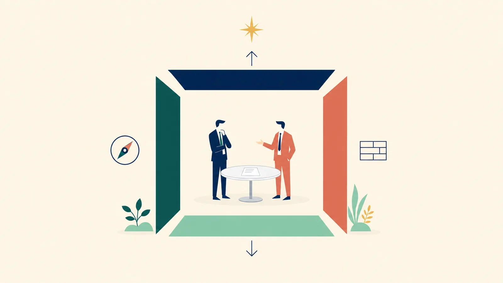 Editorial illustration of four boundaries surrounding a space of judgment, with a North Star above and figures deliberating within — a diagram of the Board Mandate architecture.