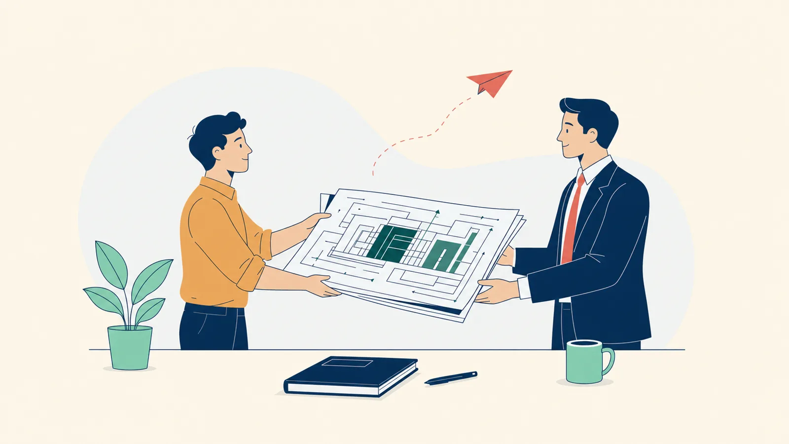 A founder passing a hand-drawn schematic to an incoming CEO across a table — leadership transfer, not a search.