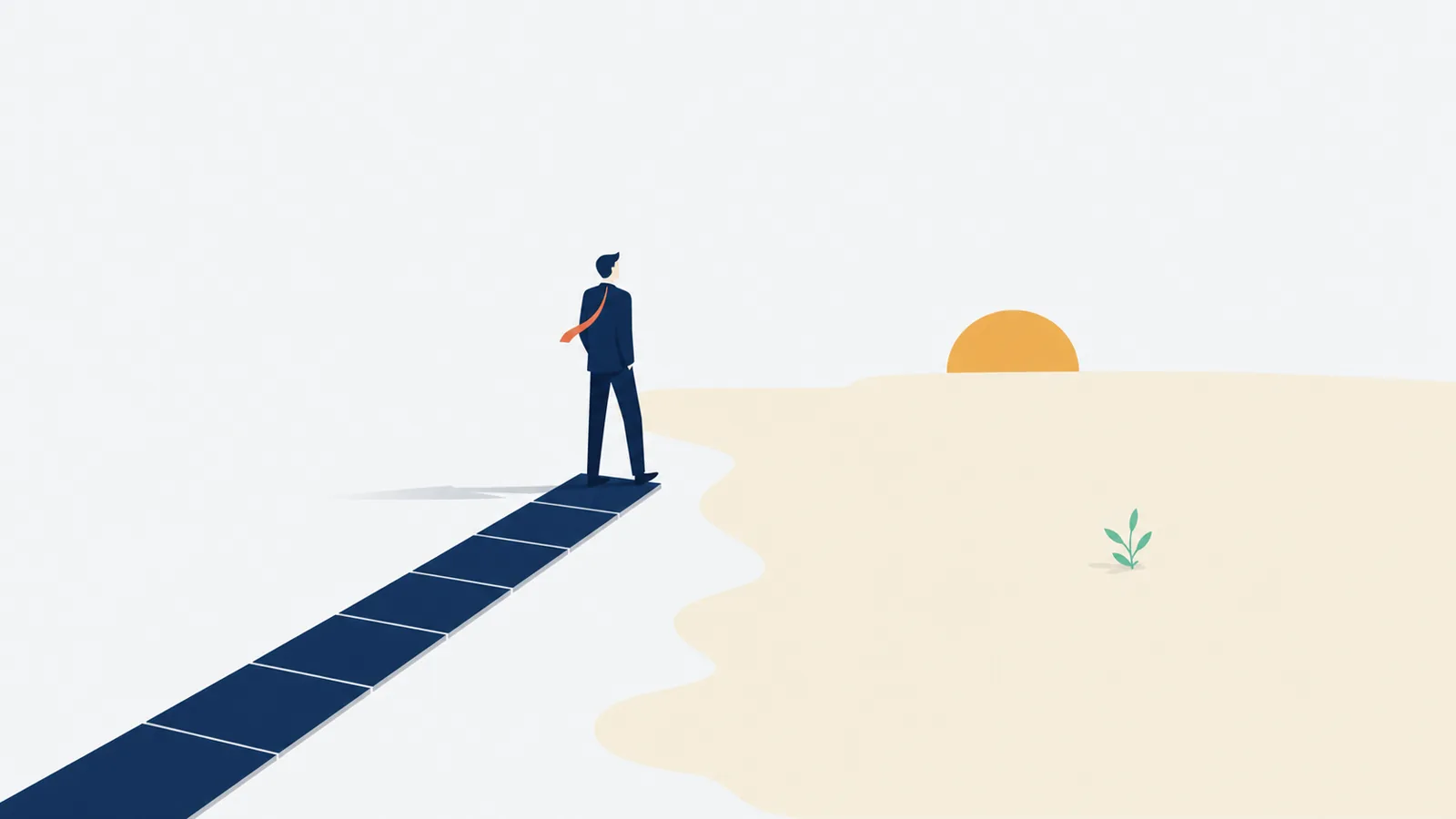 A figure in a navy suit stands at the last tile of a neat, straight tiled path that ends in open, uneven ground, with a warm ochre halo on the horizon ahead.